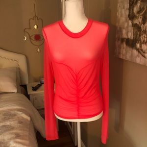 NWOT Mock Neck Silky Sheer Neon Coral LS Top size Lg